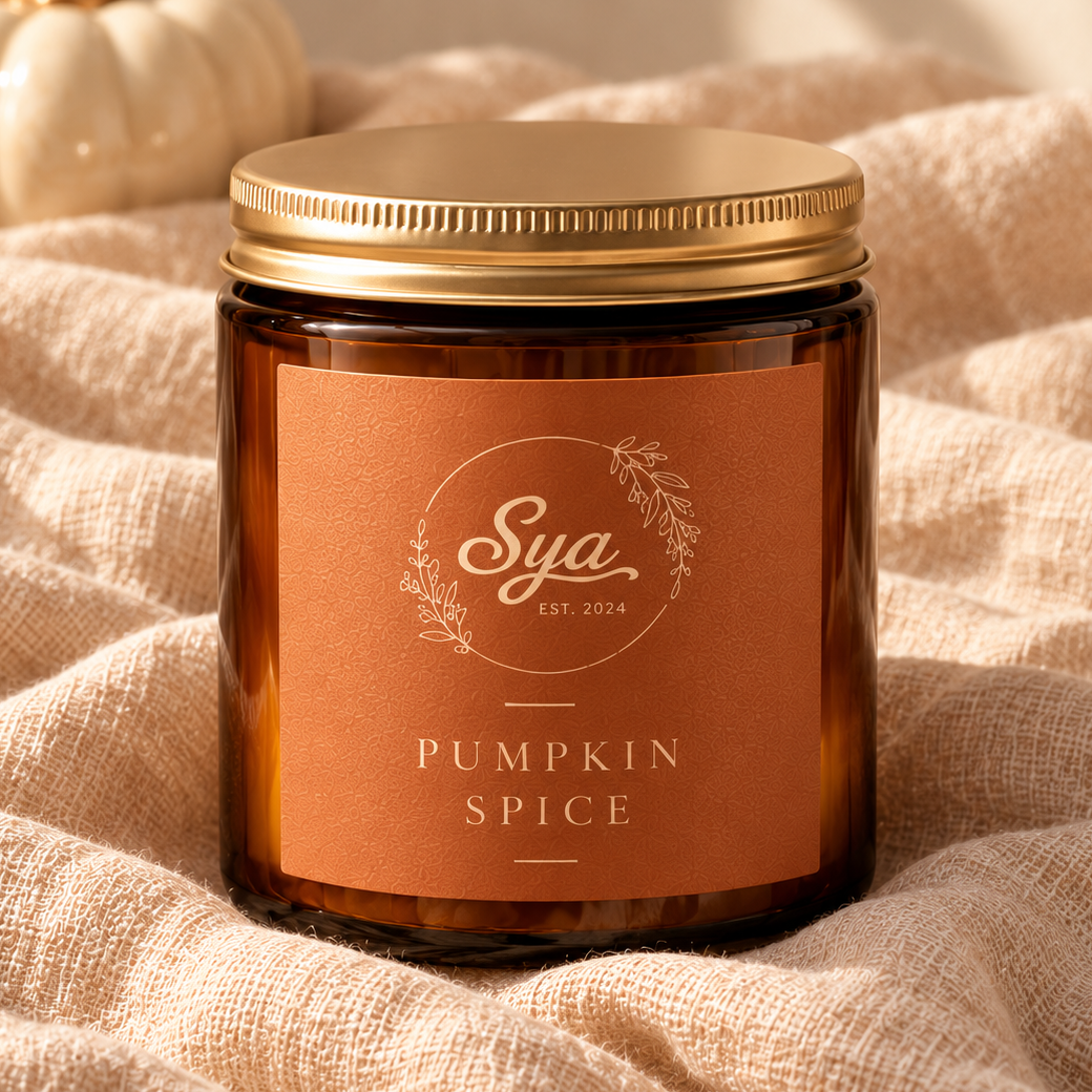 Pumpkin Spice candle in an amber glass jar with a gold lid, resting on beige fabric.