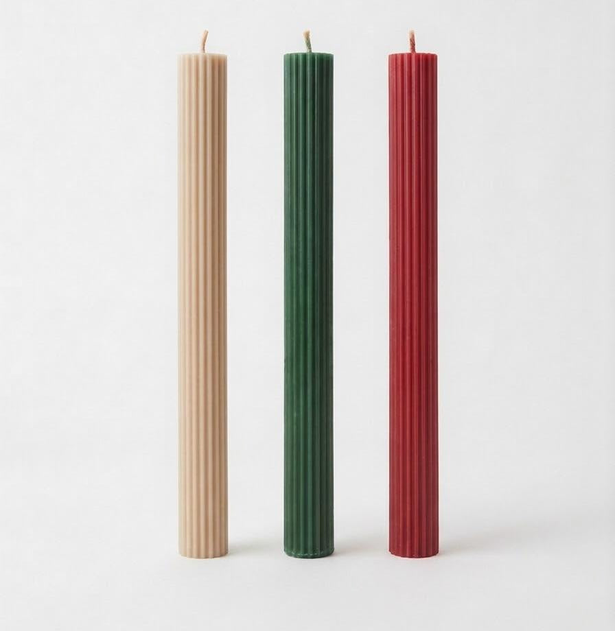 Beige, green and red Linear Elegance candles with straight sides and vertical ribs.