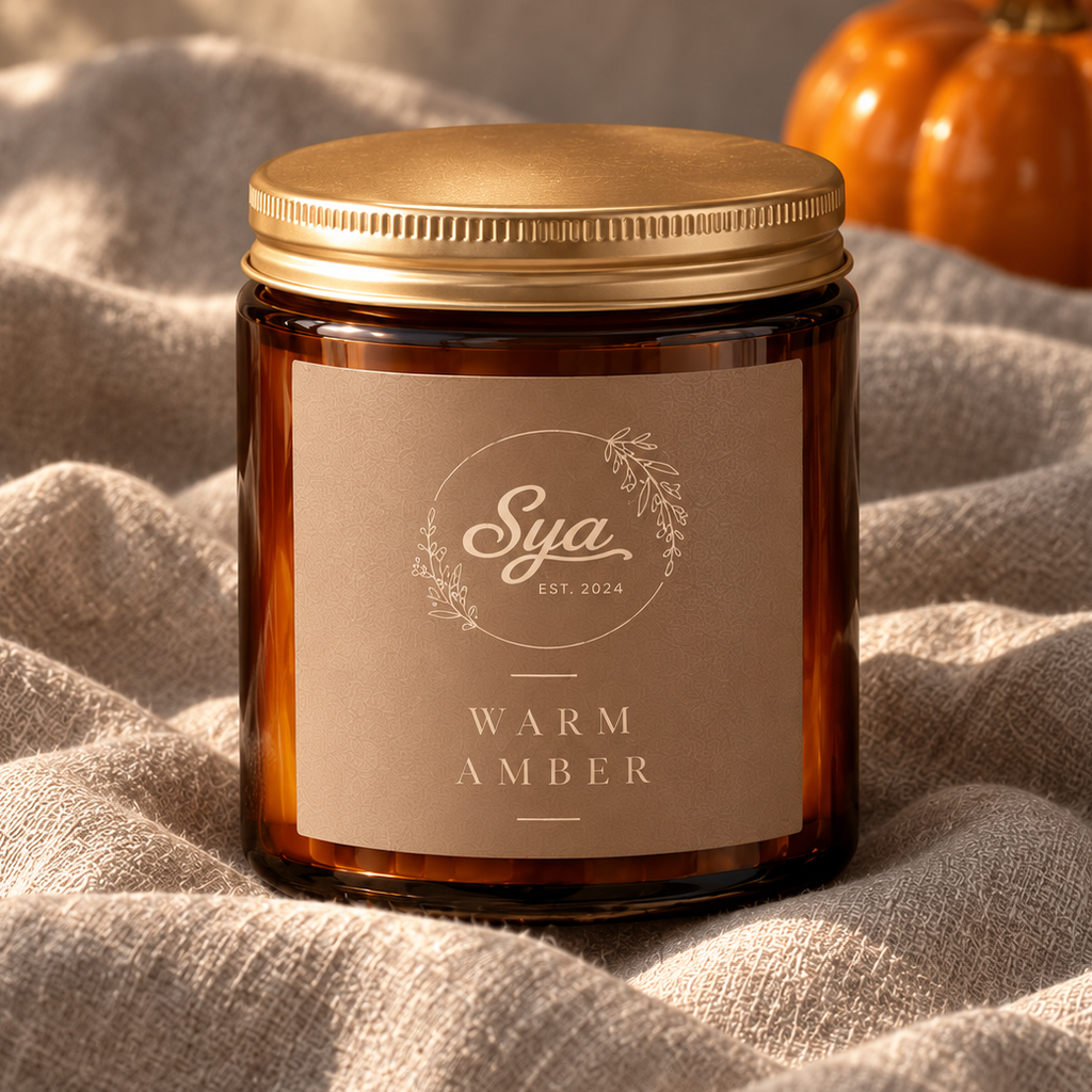 Vela Warm Amber en frasco de vidrio ámbar con tapa dorada, sobre tela beige.