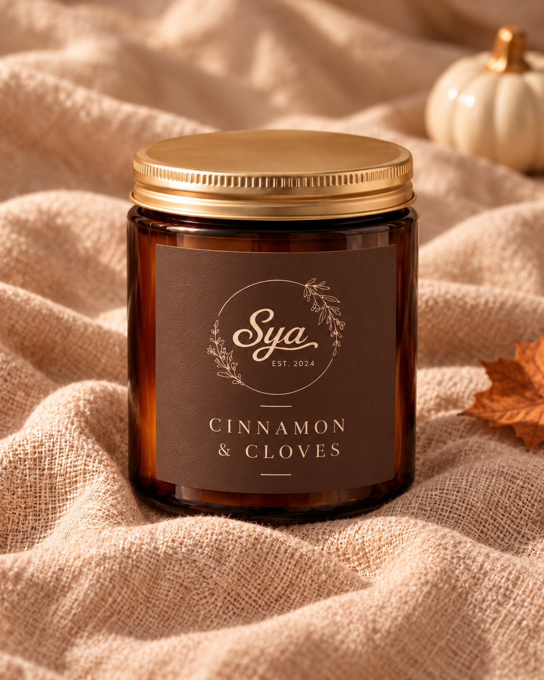 Vela Sya en frasco ámbar con tapa dorada y etiqueta marrón Cinnamon & Cloves, sobre tela beige junto a una hoja otoñal.
