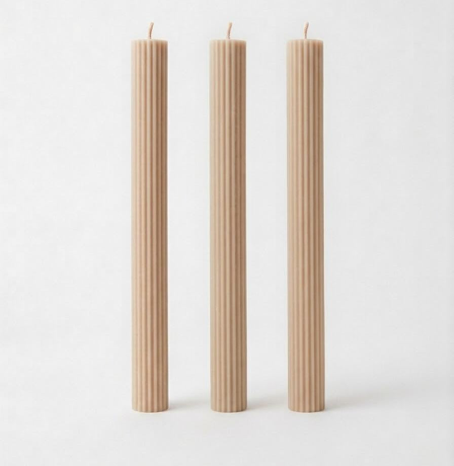 Beige Linear Elegance candles with straight sides and vertical ribs.
