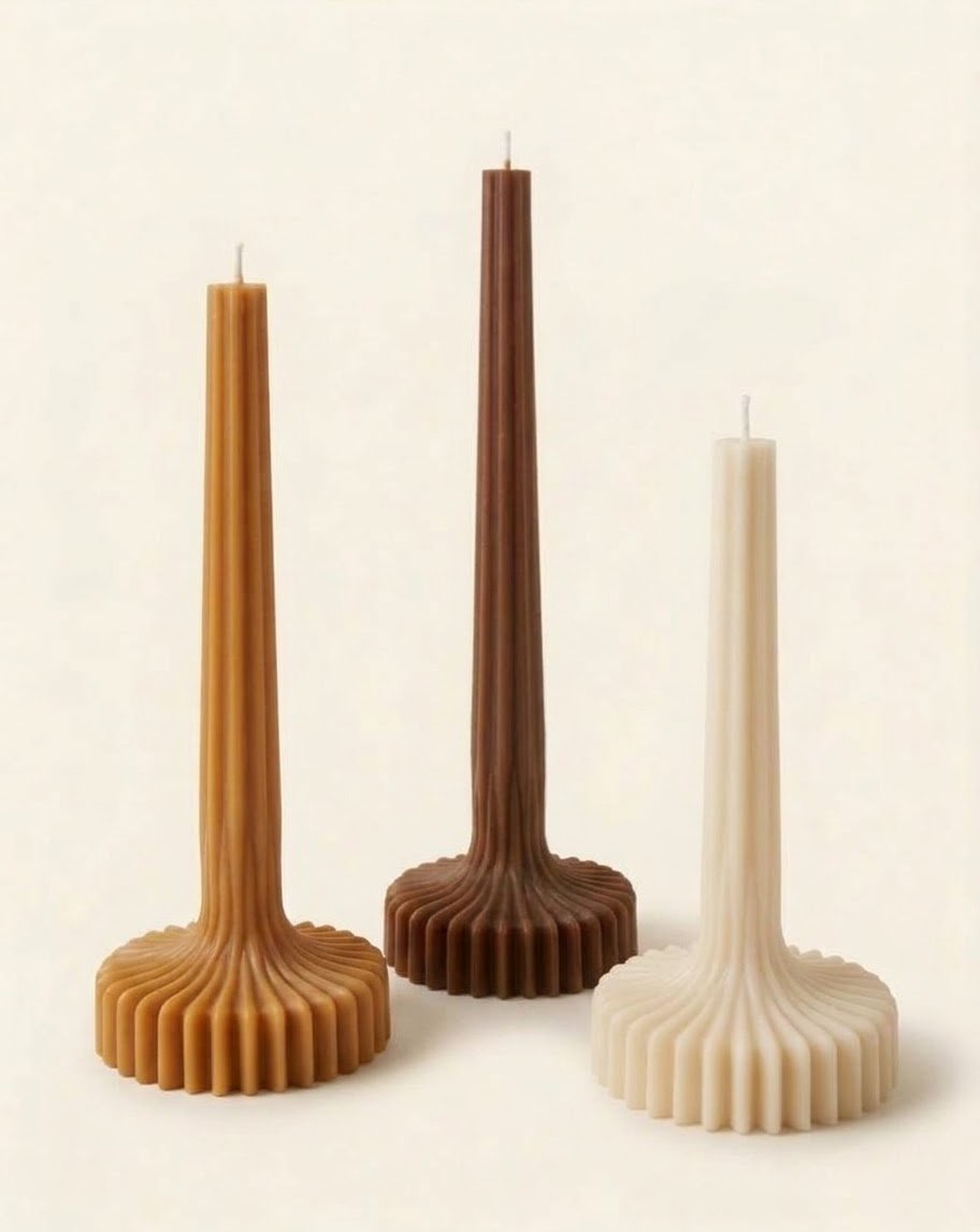 Caramel-colored, brown and beige Bloom Elegance candles with tall ribbed stems and fluted round bases.