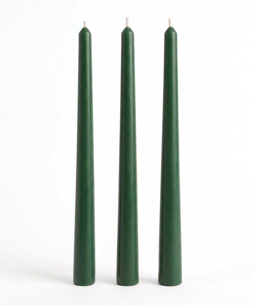 Green Classic Elegance taper candles with smooth sides on a white background.