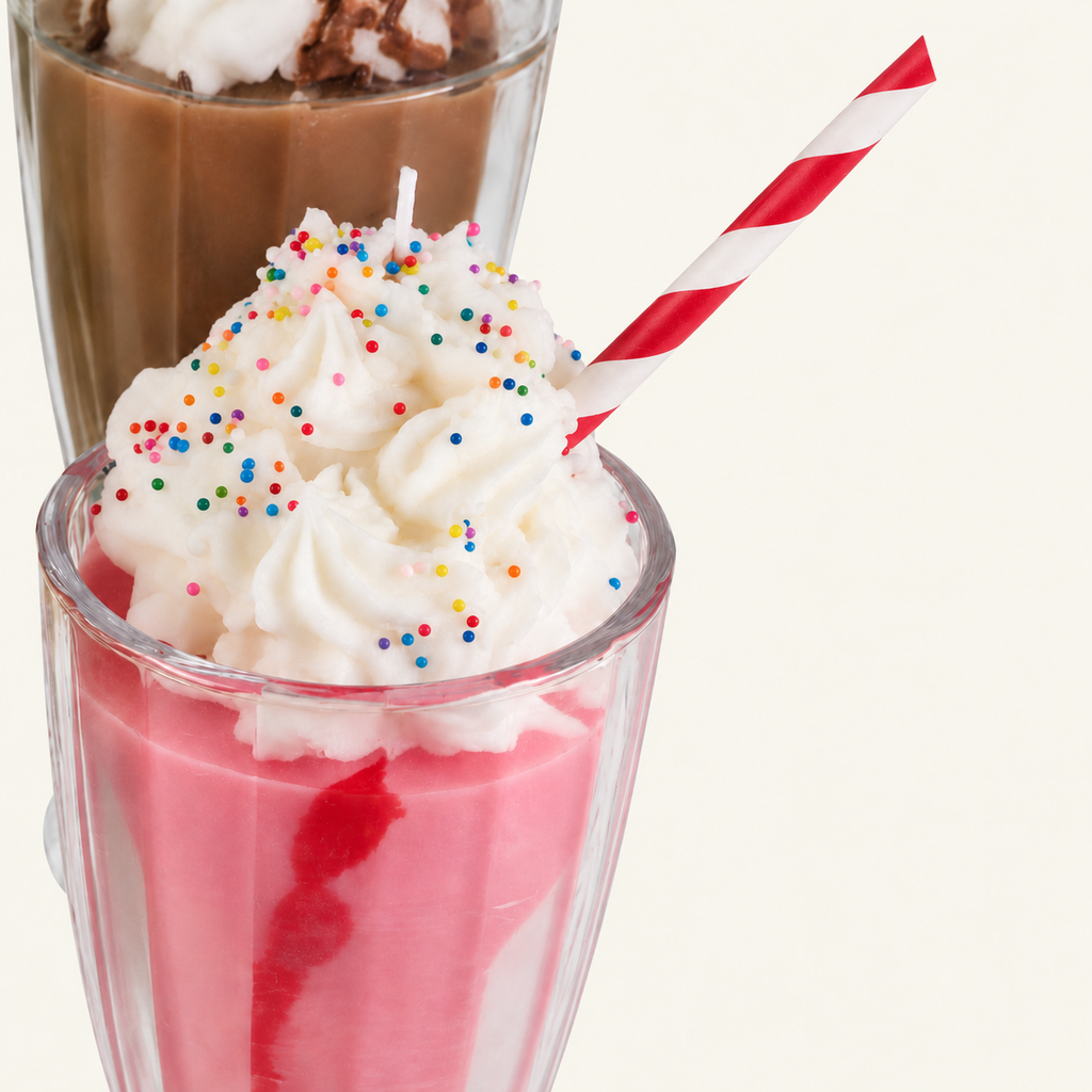 AI-recreated close-up of the pink Creamy Milkshake candle, showing the wick, wax decoration and glass rim.