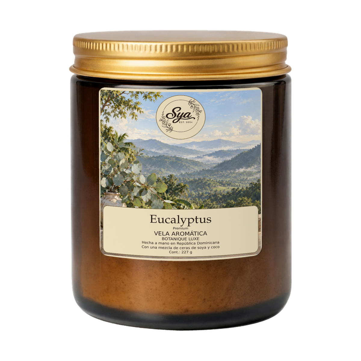 Vela Sya Eucalyptus de Botanique Luxe en frasco ámbar sobre fondo transparente.