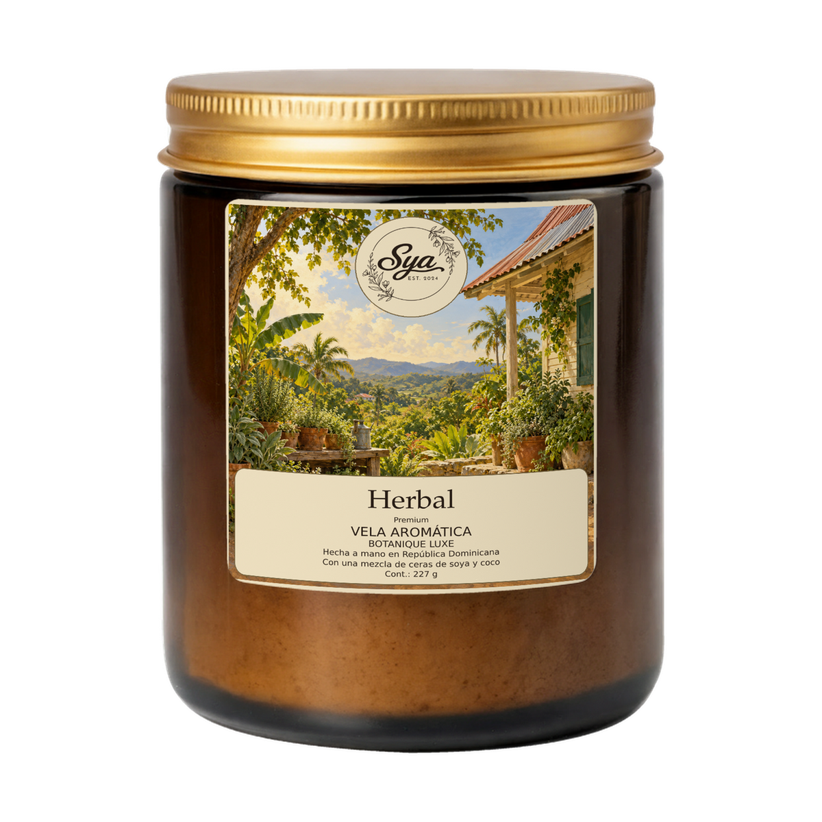 Vela Sya Herbal de Botanique Luxe en frasco ámbar sobre fondo transparente.