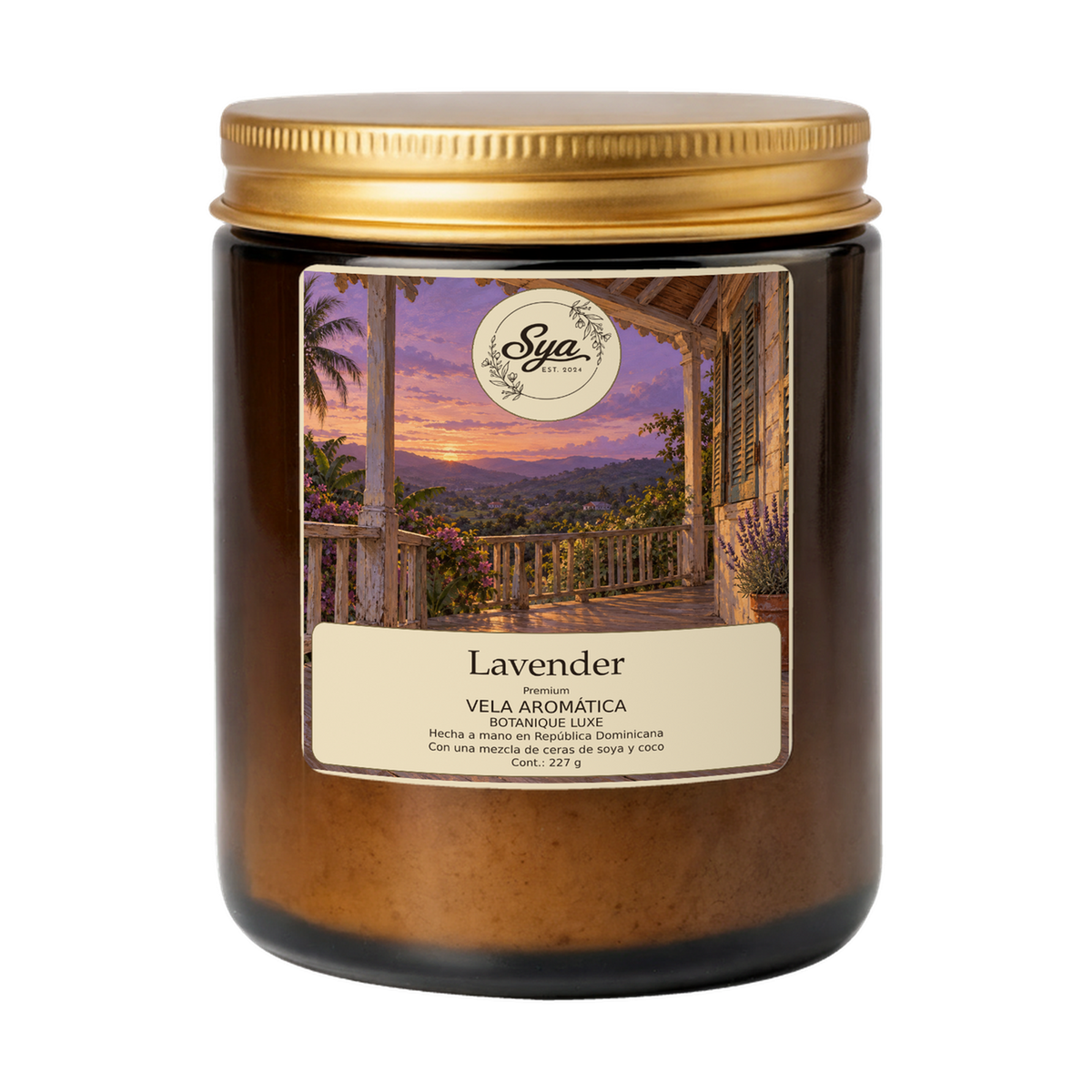 Vela Sya Lavender de Botanique Luxe en frasco ámbar sobre fondo transparente.
