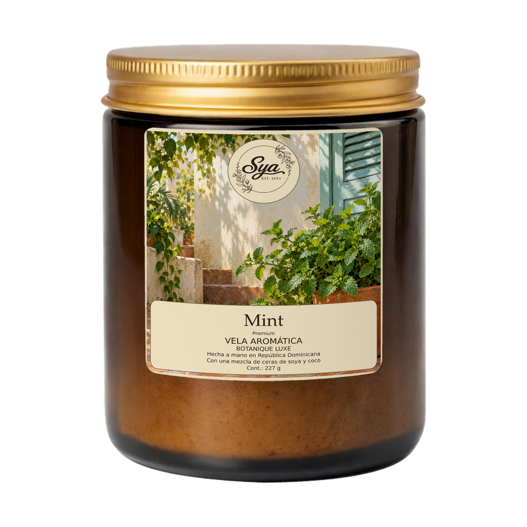 Vela Sya Mint de Botanique Luxe en frasco ámbar sobre fondo transparente.