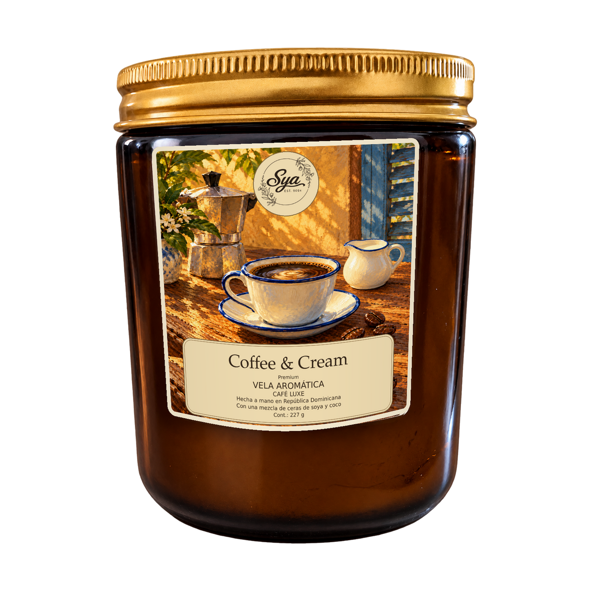 Vela Sya Coffee & Cream de Café Luxe en frasco ámbar sobre fondo transparente.