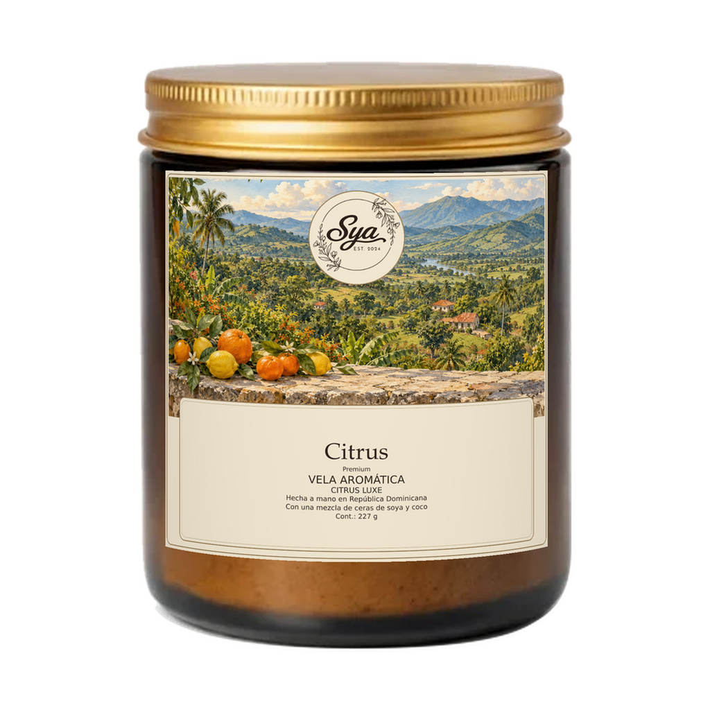 Vela Sya Citrus de Citrus Luxe en frasco ámbar sobre fondo transparente.