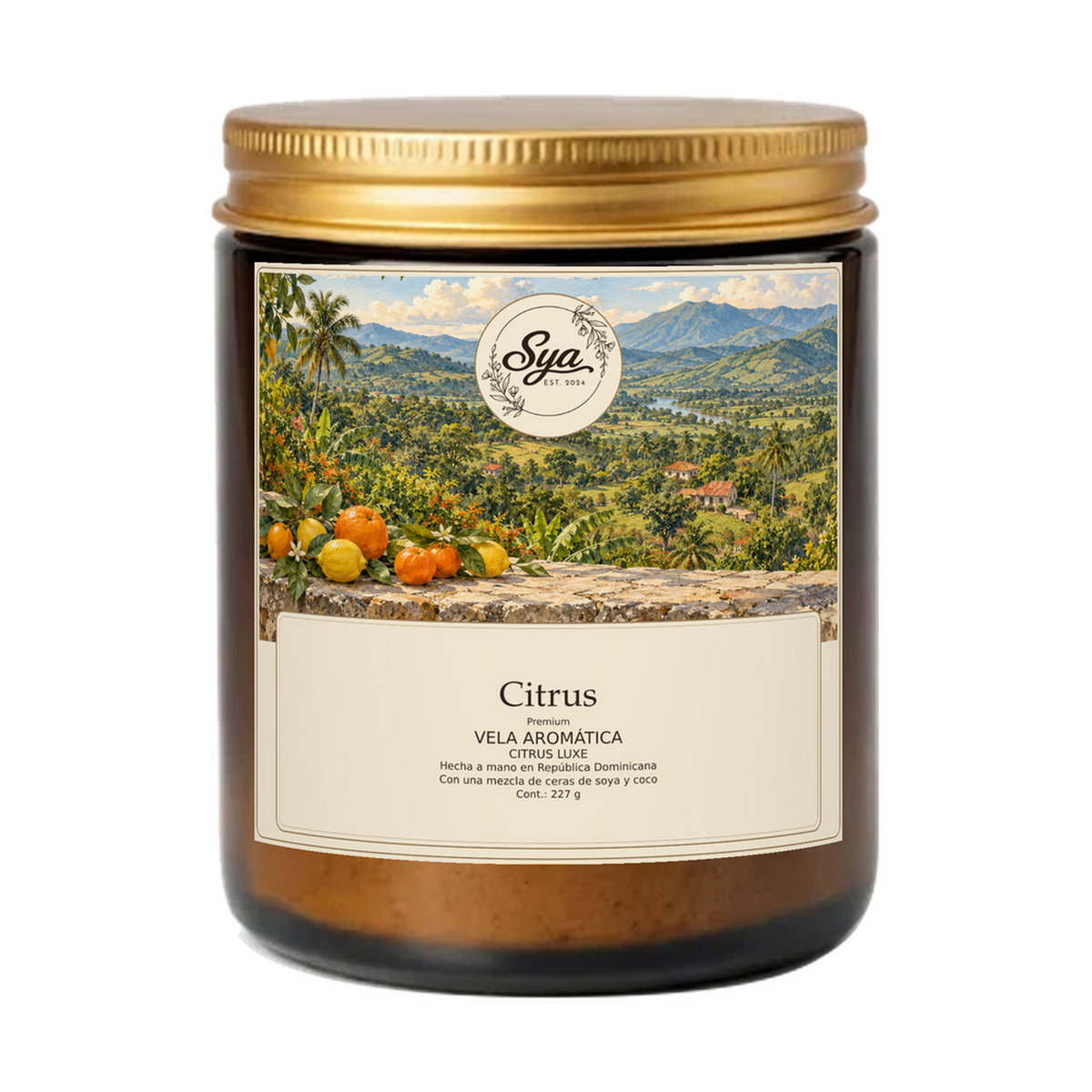 Vela Sya Citrus de Citrus Luxe en frasco ámbar sobre fondo transparente.