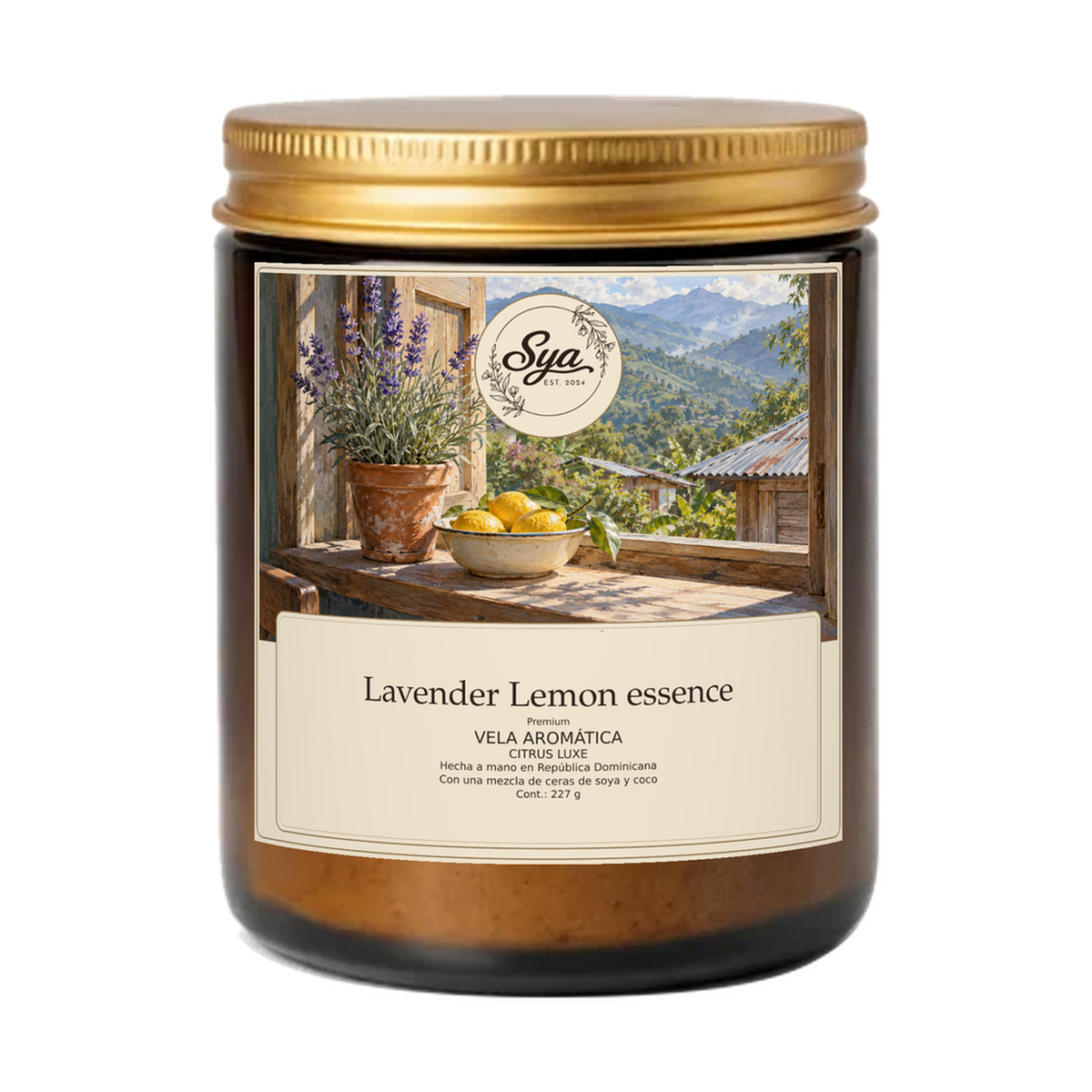 Vela Sya Lavender Lemon essence de Citrus Luxe en frasco ámbar sobre fondo transparente.