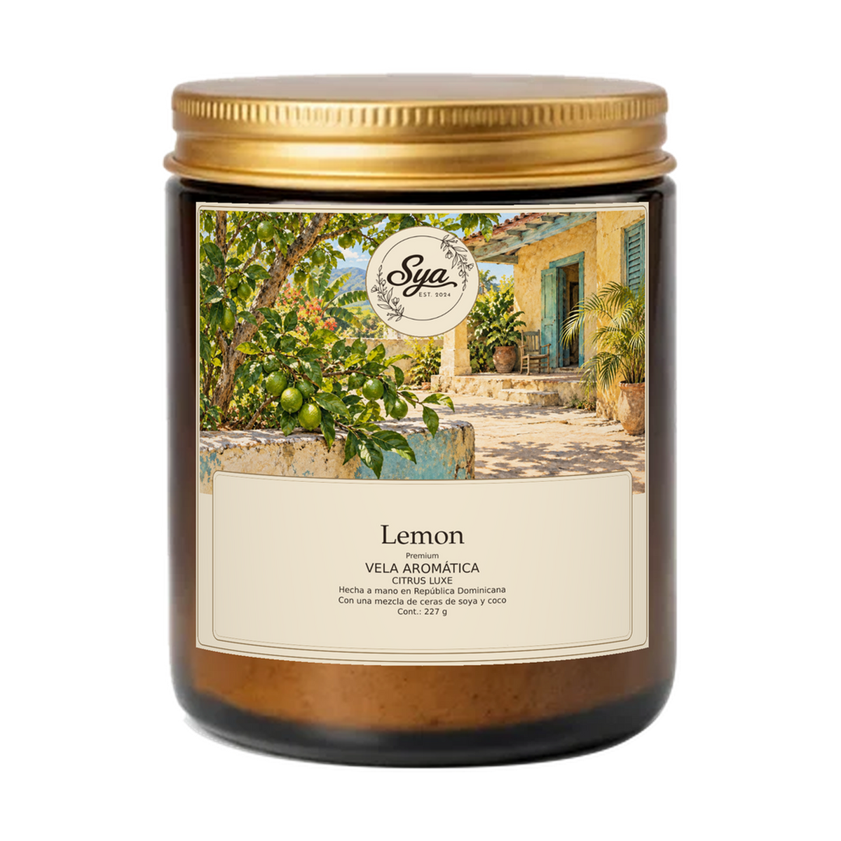 Vela Sya Lemon de Citrus Luxe en frasco ámbar sobre fondo transparente.