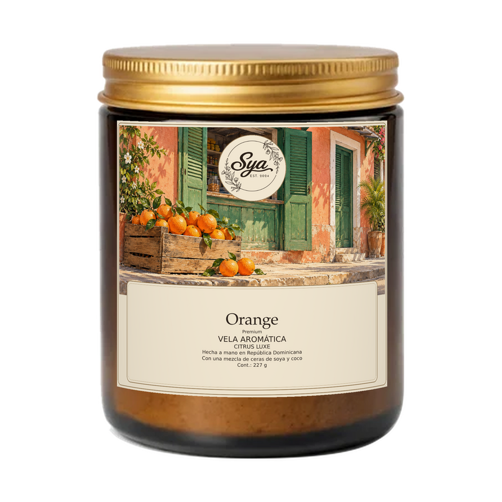 Vela Sya Orange de Citrus Luxe en frasco ámbar sobre fondo transparente.