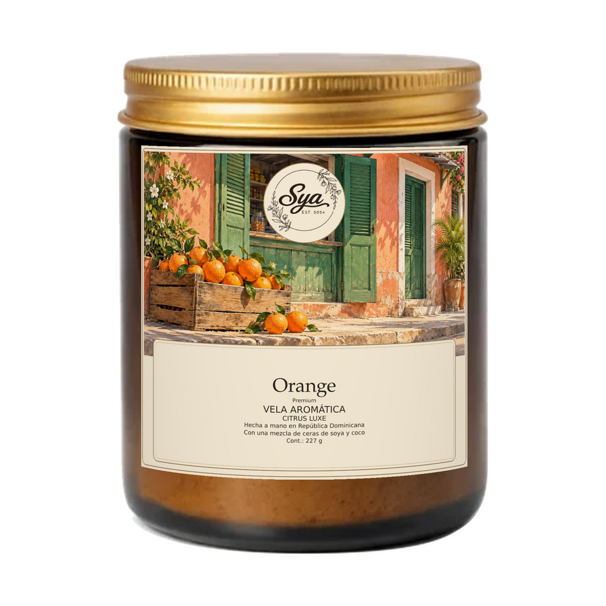 Vela Sya Orange de Citrus Luxe en frasco ámbar sobre fondo transparente.