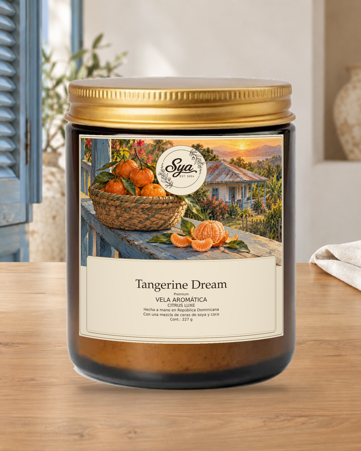 Vela Sya Tangerine Dream de Citrus Luxe en escena ambiental.