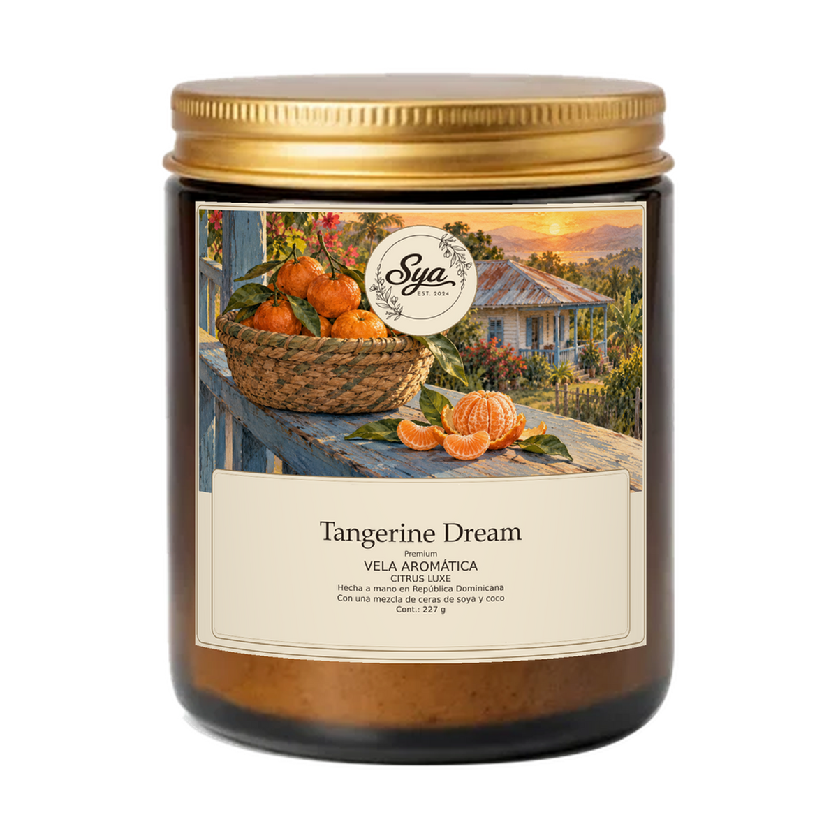 Vela Sya Tangerine Dream de Citrus Luxe en frasco ámbar sobre fondo transparente.