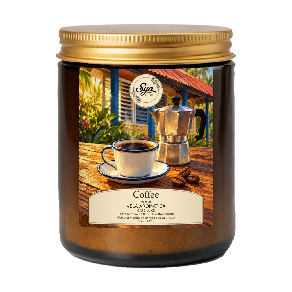 Vela Sya Coffee Luxe en frasco ámbar con tapa dorada y etiqueta Coffee ilustrada.