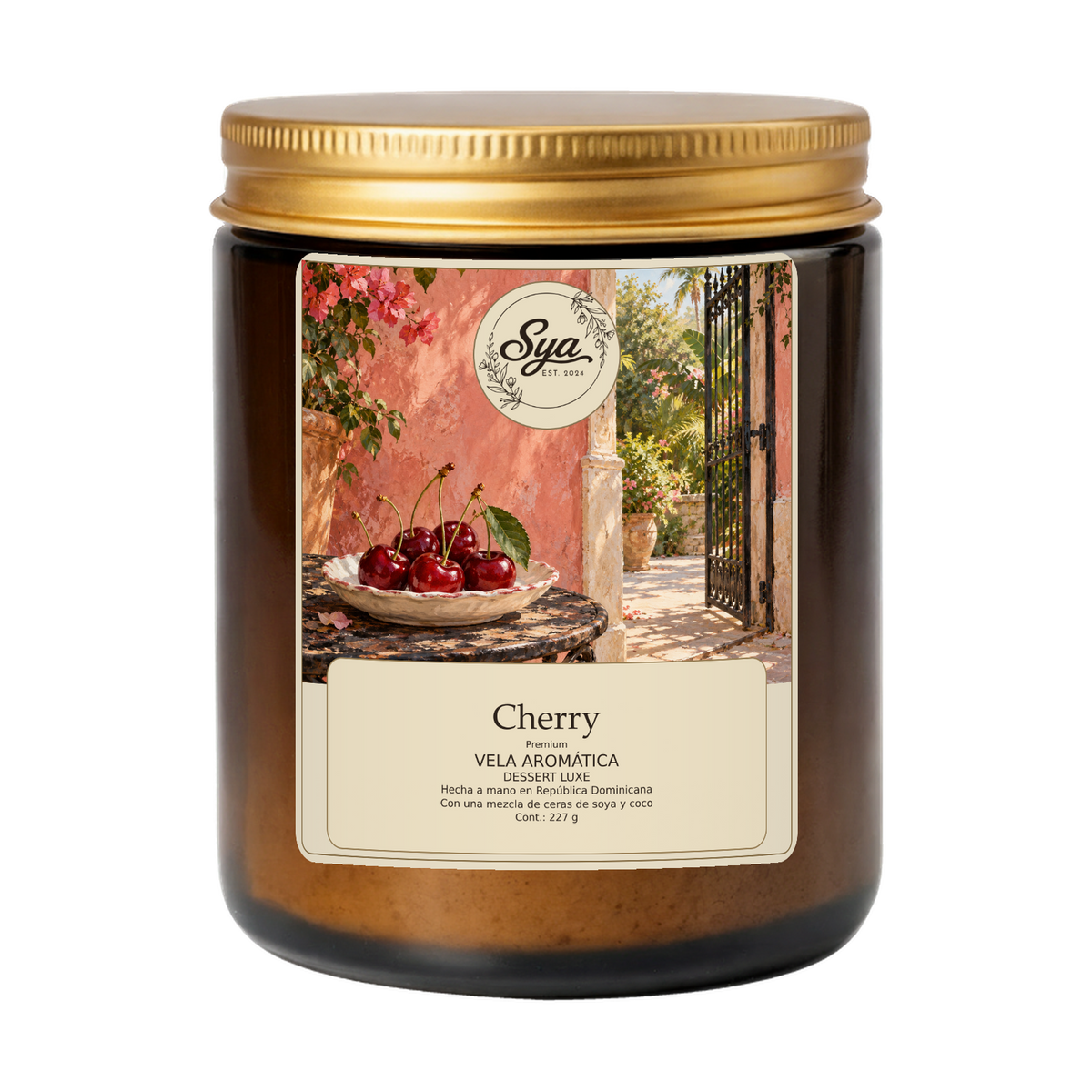 Vela Sya Cherry de Dessert Luxe en frasco ámbar sobre fondo transparente.