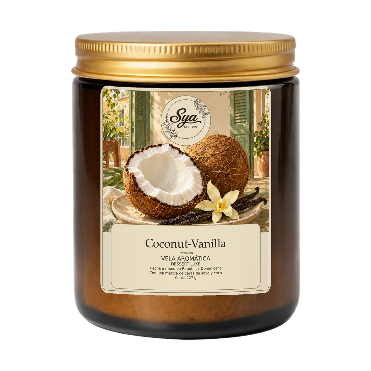 Vela Sya Coconut-Vanilla de Dessert Luxe en frasco ámbar sobre fondo transparente.