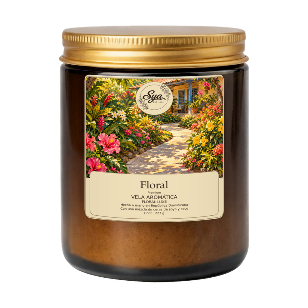 Vela Sya Floral de Floral Luxe en frasco ámbar sobre fondo transparente.