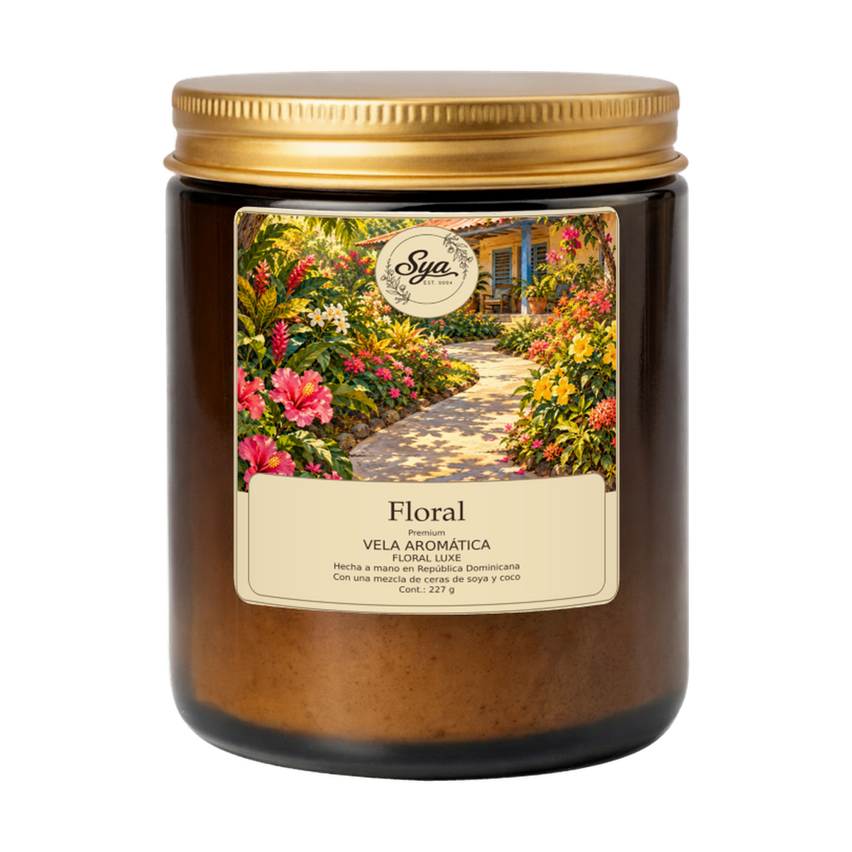 Vela Sya Floral de Floral Luxe en frasco ámbar sobre fondo transparente.