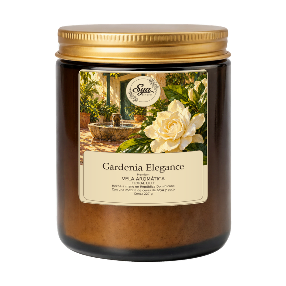 Vela Sya Gardenia Elegance de Floral Luxe en frasco ámbar sobre fondo transparente.