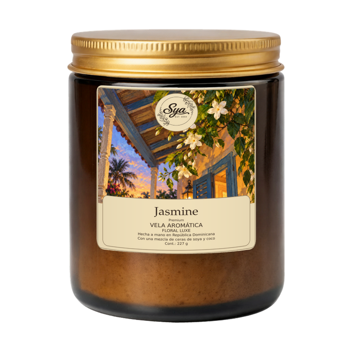 Vela Sya Jasmine de Floral Luxe en frasco ámbar sobre fondo transparente.