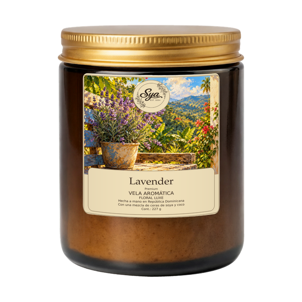 Vela Sya Lavender de Floral Luxe en frasco ámbar sobre fondo transparente.
