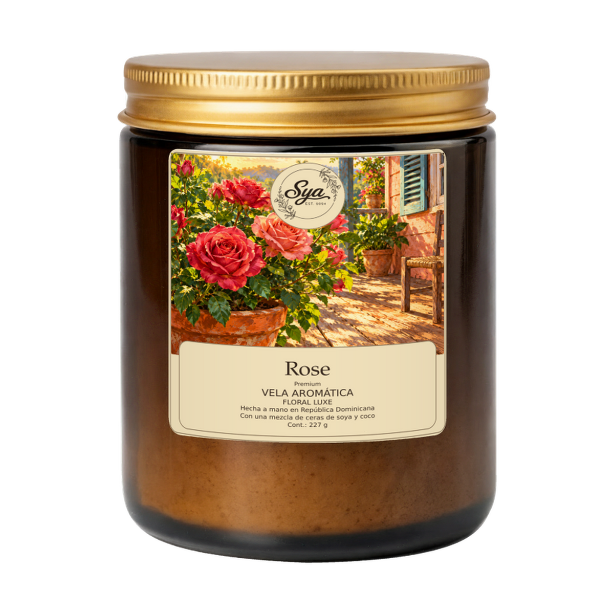 Vela Sya Rose de Floral Luxe en frasco ámbar sobre fondo transparente.