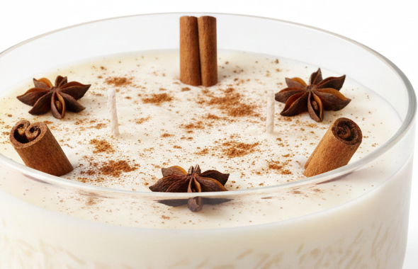 Close-up of the Arroz con Leche candle surface, with brown stick- and star-shaped decorations.