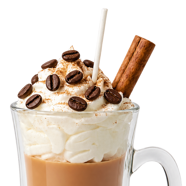 Close-up of the Creamy Cappuccino candle, showing cream-like swirls and coffee-bean-shaped decorations.