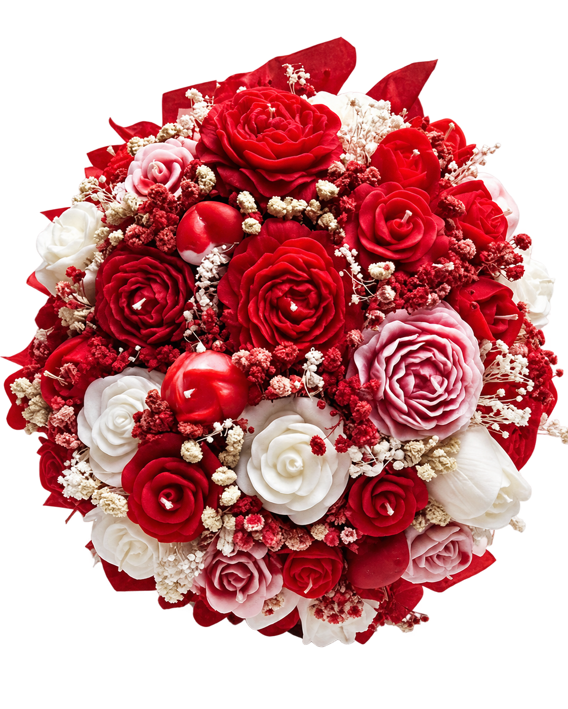 Bouquet artesanal Deluxe Mixed Flower de SYA en tonos rojo, rosado y blanco, fondo transparente.
