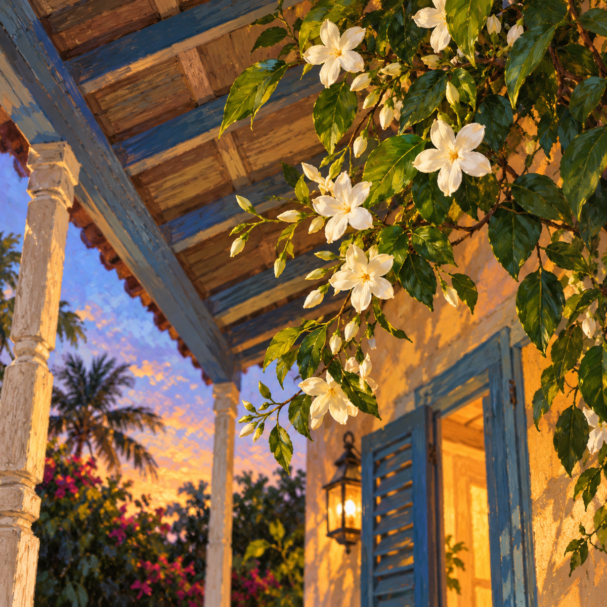 Floral Luxe · Jasmine: complete illustration of jasmine flowers beside a blue house.