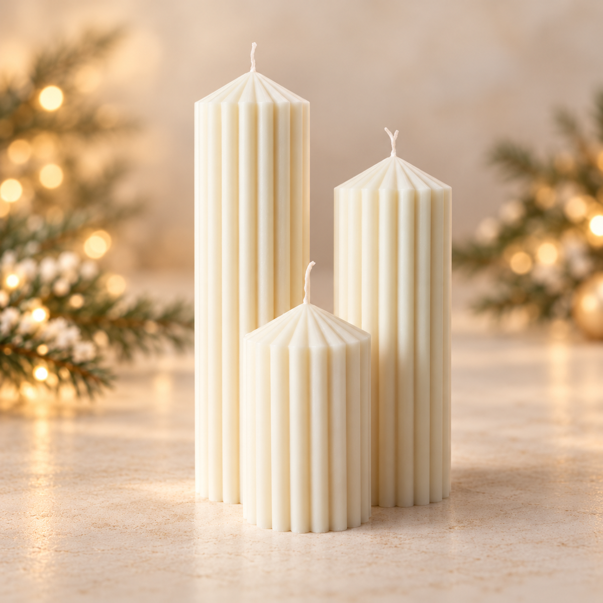 Composición de 3 pilares · propuesta visual de la colección Navidad de Sya.