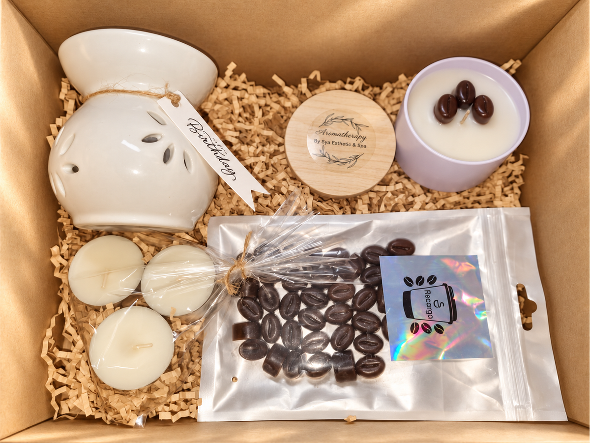 Caja de regalo con vela, wax melts y quemador · propuesta visual de la colección Navidad de Sya.