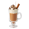 Creamy Cappuccino candle in a tall glass mug, with cream-like swirls and coffee-bean-shaped decorations.