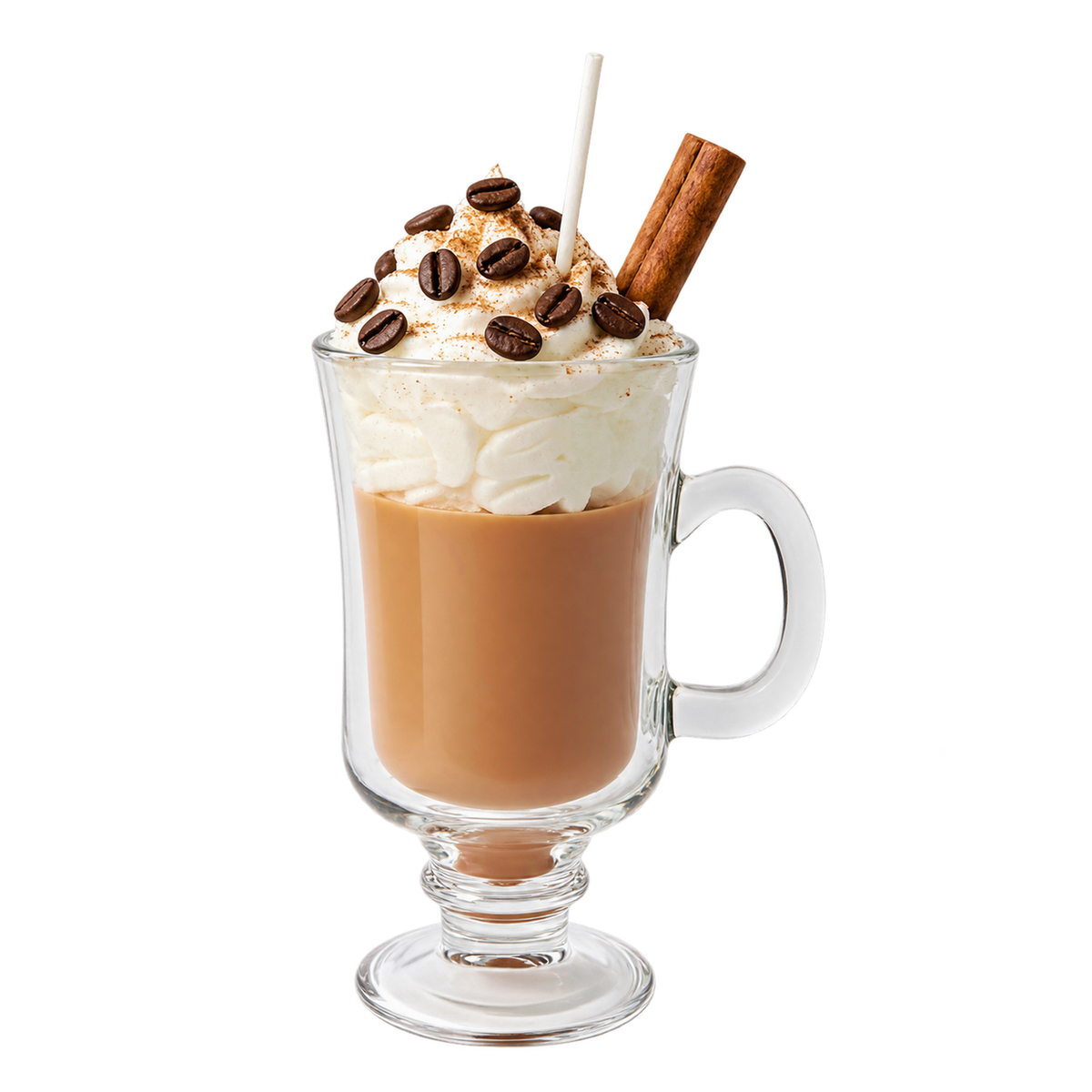 Creamy Cappuccino candle in a tall glass mug, with cream-like swirls and coffee-bean-shaped decorations.