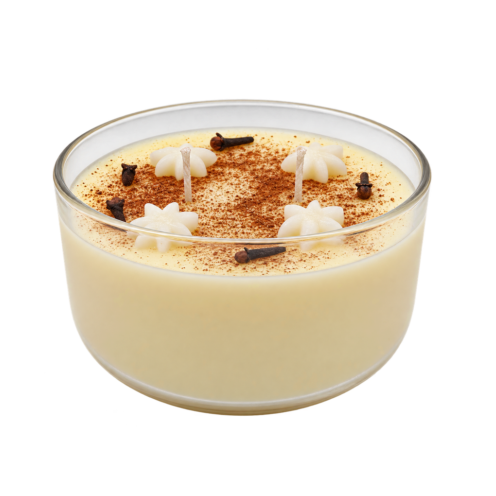 Pale yellow Majarete candle in a round glass bowl, with cream-colored decorations and brown speckles.