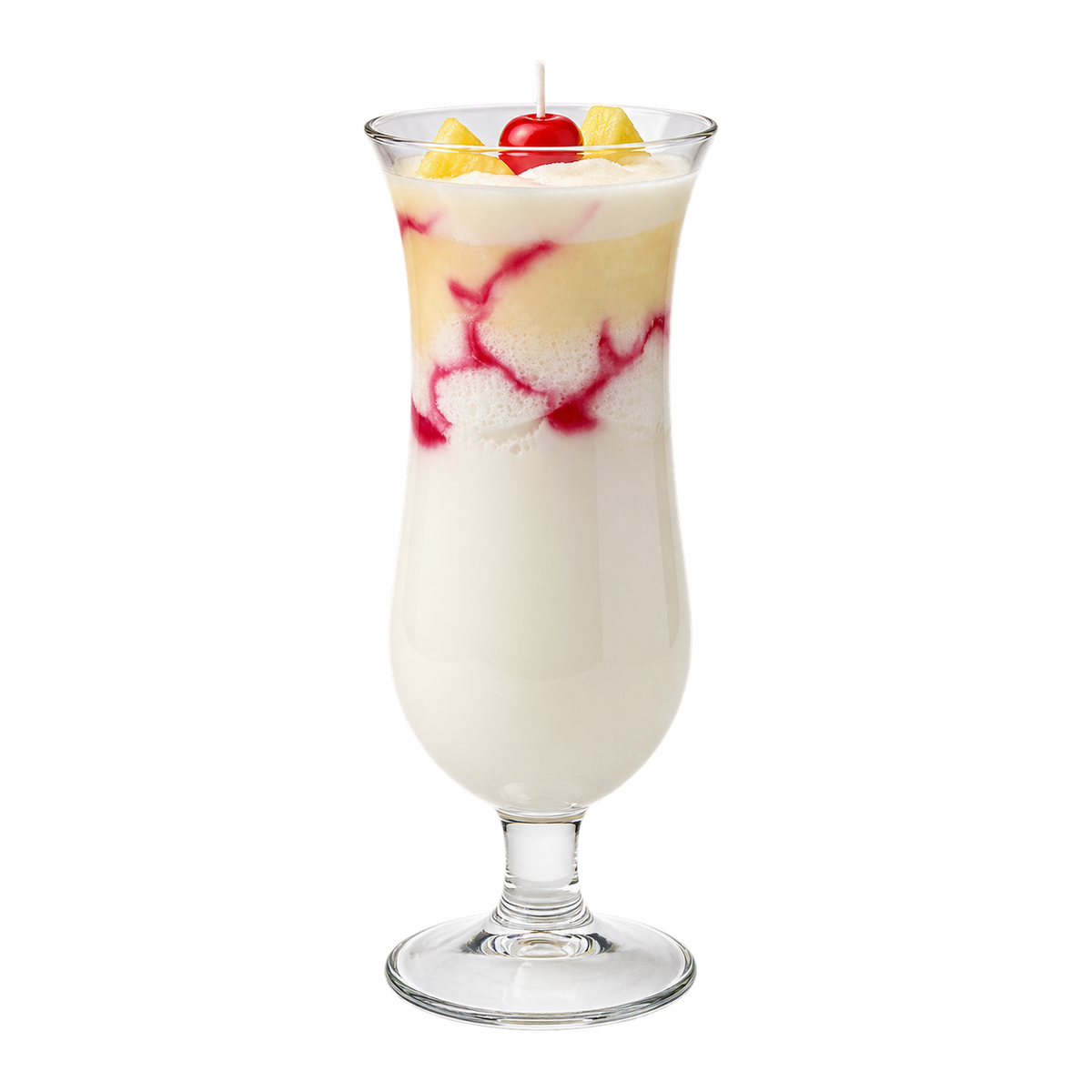 Piña Colada candle in a tall stemmed glass, with cream-colored and yellow layers, red accents and a visible wick.