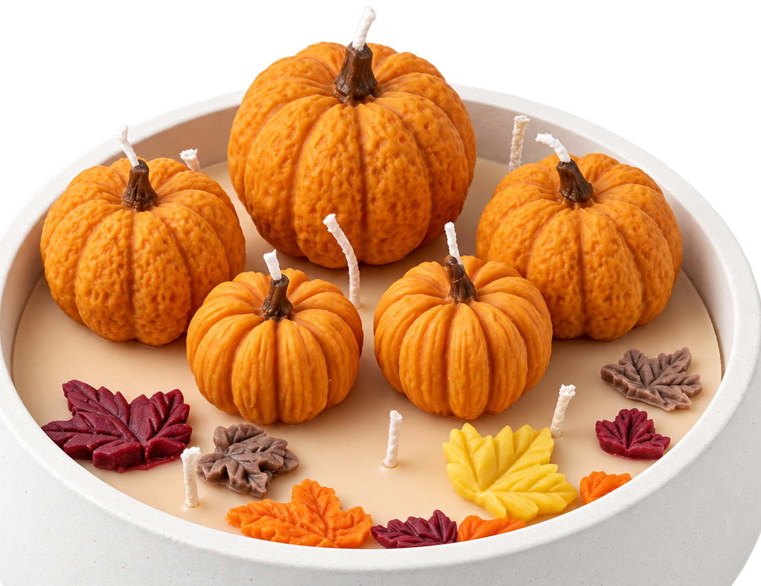 Top view of the Pumpkin Harvest candle, with orange pumpkin shapes, colorful leaves and visible wicks.