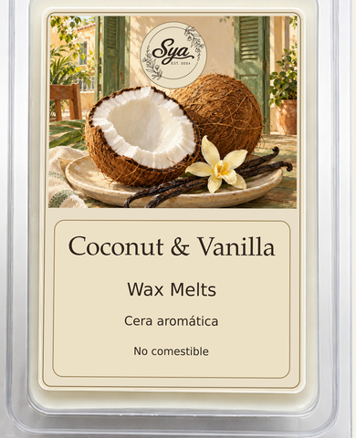 Close-up of the Coconut & Vanilla wax melt packet label, with coconut and vanilla illustrations.
